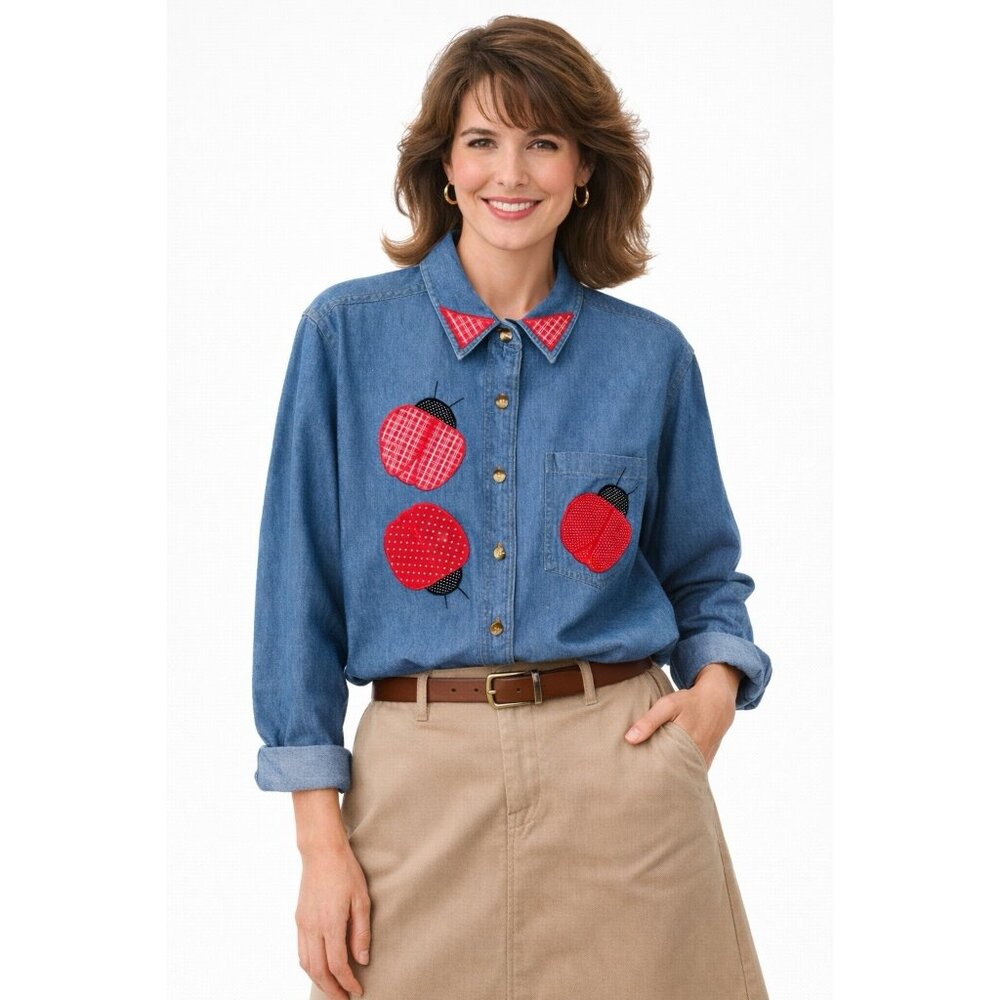 vintage 80s LADYBUG CHAMBRAY DENIM SHIRT XL 100% cotton retro novelty artsy